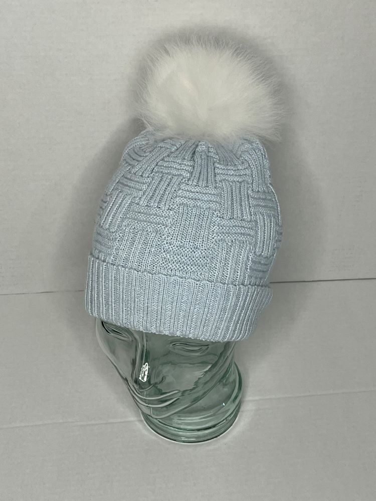 hat baby blue knit fur pom pom